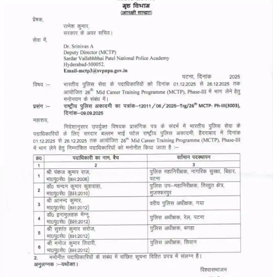 Bihar के IG, DIG और SSP समेत 6 IPS ट्रेनिंग के लिए जाएंगे Hyderabad, जानिए — Muzaffarpur समेत इन जगहों के ऑफिसर्स शामिल, देखिए लिस्ट | Deshaj Times Bihar के IG, DIG और SSP समेत 6 IPS ट्रेनिंग के लिए जाएंगे Hyderabad, जानिए — Muzaffarpur समेत इन जगहों के ऑफिसर्स शामिल, देखिए लिस्ट