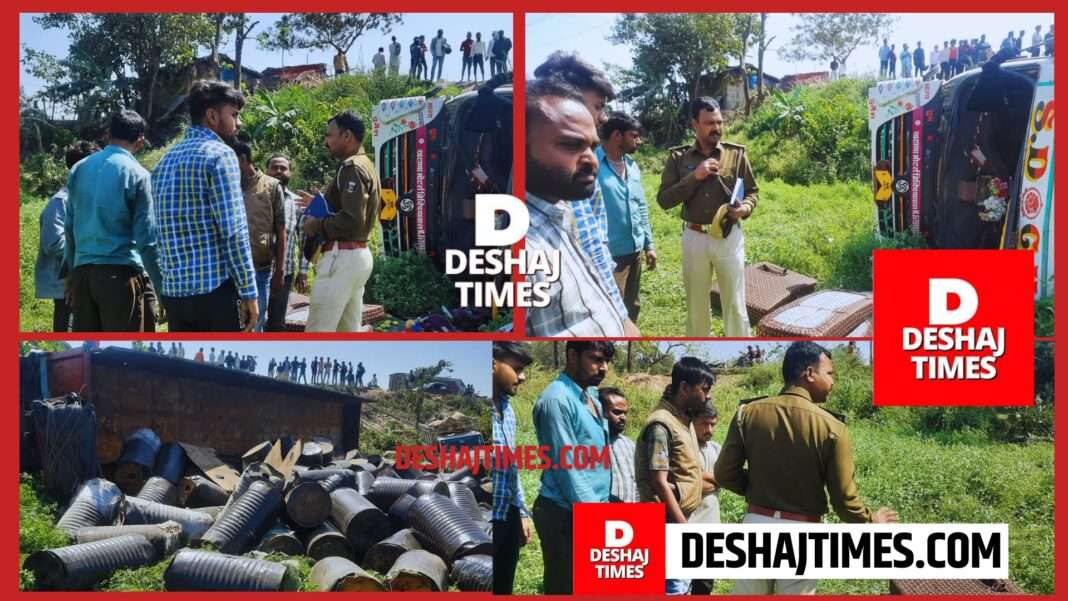 On Darbhanga-Muzaffarpur NH Truck and pickup overturned together, major accident averted, Haryana's truck carrying Alkatra from Gujarat to Guwahati on Muzaffarpur NH and a pickup going to Madhubani carrying potatoes overturned below the four lane.