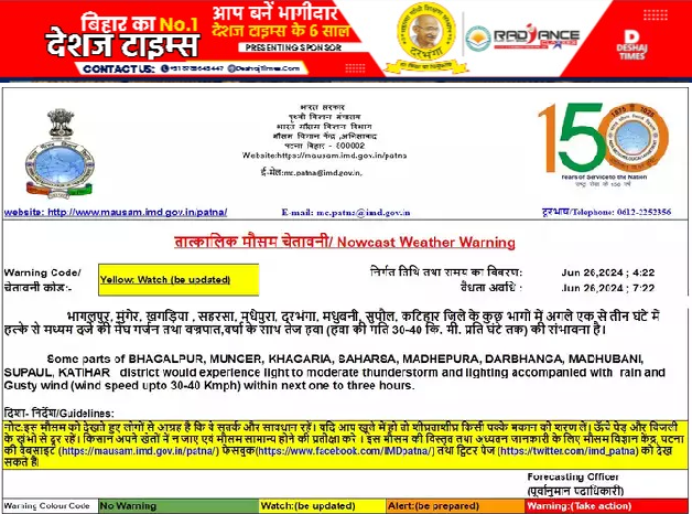 Bihar Monsoon Latest Update Bihar News | Bihar Weather News| Trough line passing in North-West, Monsoon fully active in Bihar, yellow alert for next four days, many districts including Darbhanga, Madhubani on yellow alert for next 4 days.