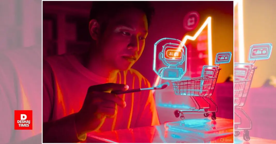 Futuristic illustration of a person using AI tools for side hustles, surrounded by glowing chatbot, paintbrush, and shopping cart icons, with a rising graph and neon 