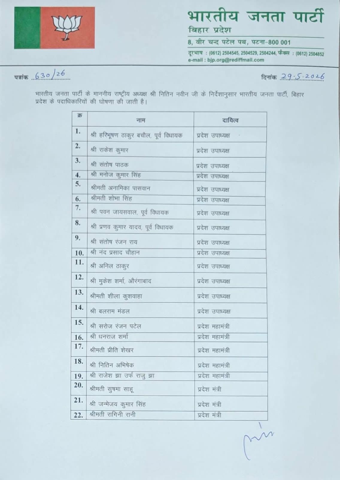 Bihar BJP News: बिहार बीजेपी की प्रदेश कमेटी का गठन, नए 38 पदाधिकारियों और मोर्चा अध्यक्षों का ऐलान, हरिभूषण बचौल बने उपाध्यक्ष, जाले की अंजनी बनीं प्रदेश मंत्री | Deshaj Times Bihar BJP News: बिहार बीजेपी की प्रदेश कमेटी का गठन, नए 38 पदाधिकारियों और मोर्चा अध्यक्षों का ऐलान, हरिभूषण बचौल बने उपाध्यक्ष, जाले की अंजनी बनीं प्रदेश मंत्री