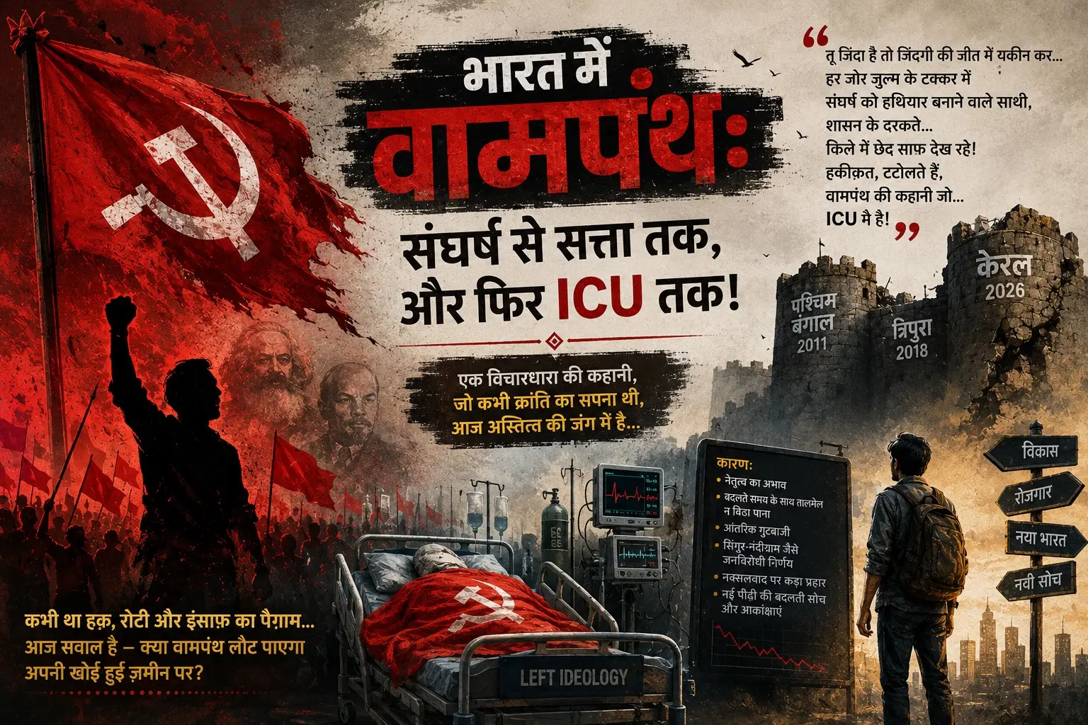 “From Red Fortresses to Political ICU: Once the loudest voice of class struggle in India, the Left now battles for survival amid changing aspirations, fading strongholds, and a restless new generation.” “From Red Fortresses to Political ICU: Once the loudest voice of class struggle in India, the Left now battles for survival amid changing aspirations, fading strongholds, and a restless new generation.”