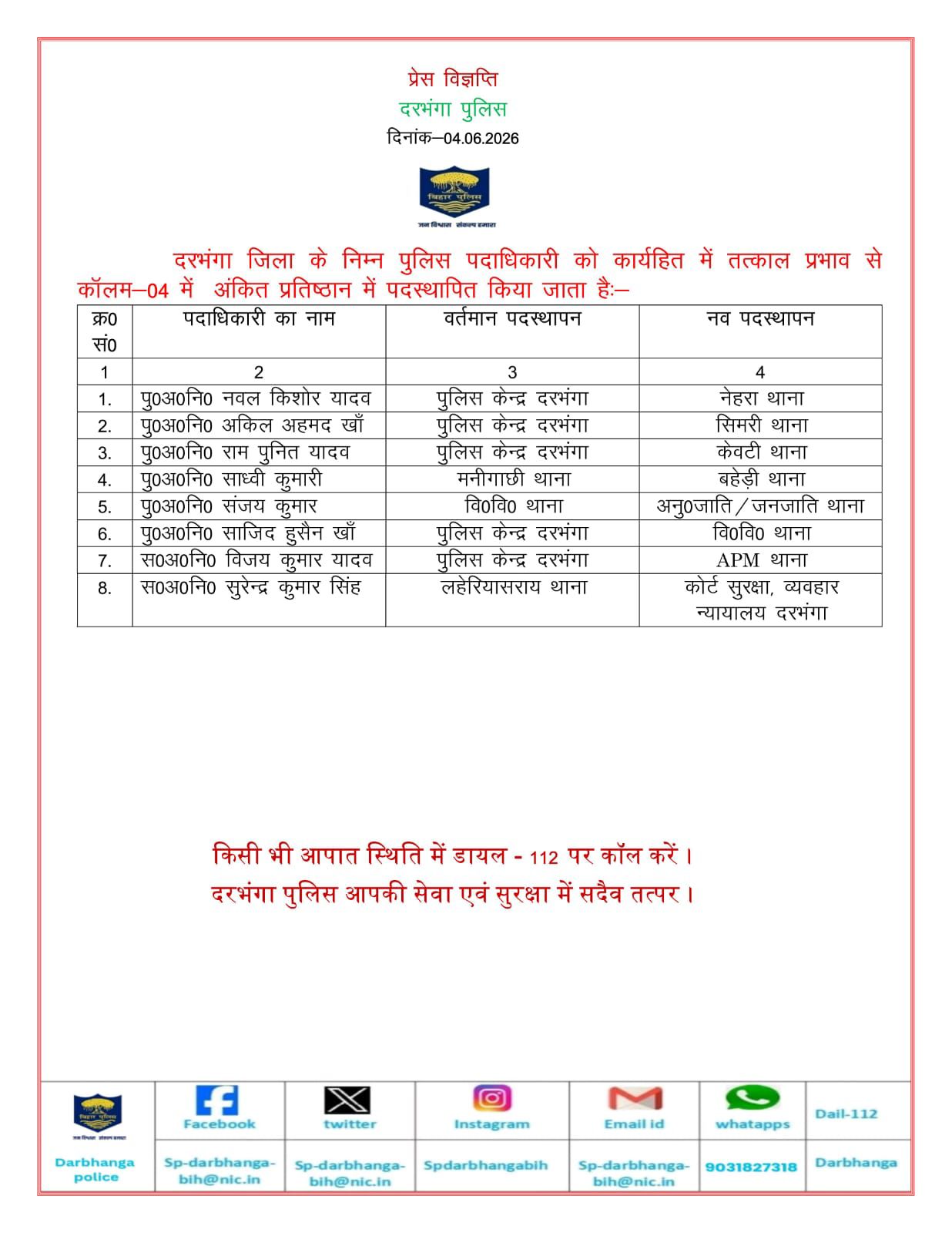 Darbhanga News: SSP जगुनाथ रेड्डी का चला तबादला एक्सप्रेस! 8 पुलिस अधिकारियों का ट्रांसफर, पढ़िए - कौन कहां गए!