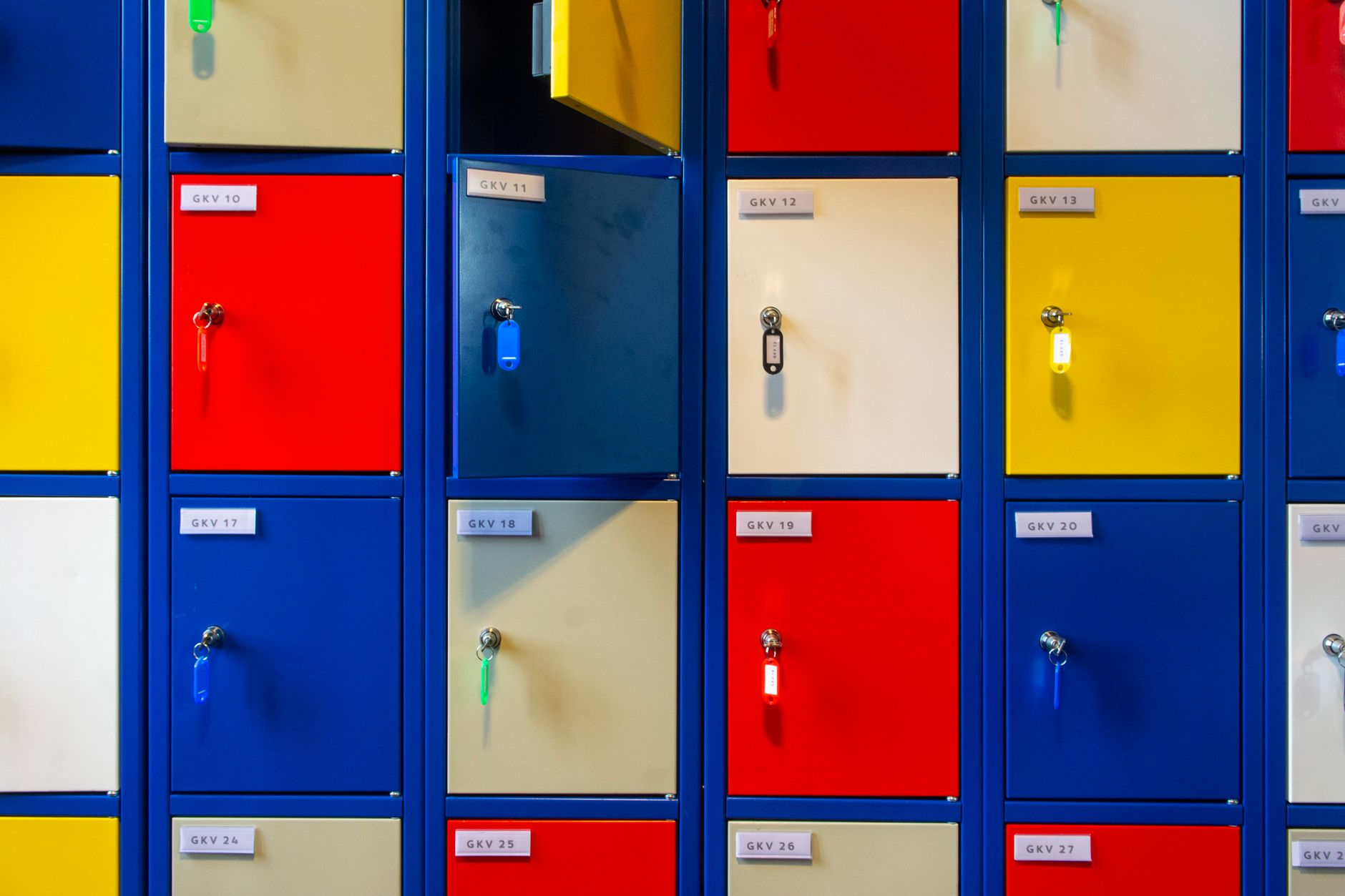colorful storage lockers in a row